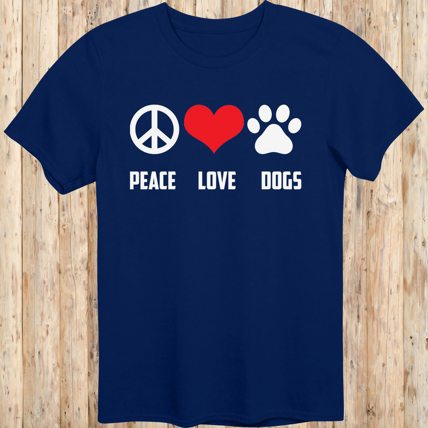 Navy blue unisex t-shirt with peace sign, heart, and paw print icons and the text 'Peace Love Dogs', perfect for animal lovers