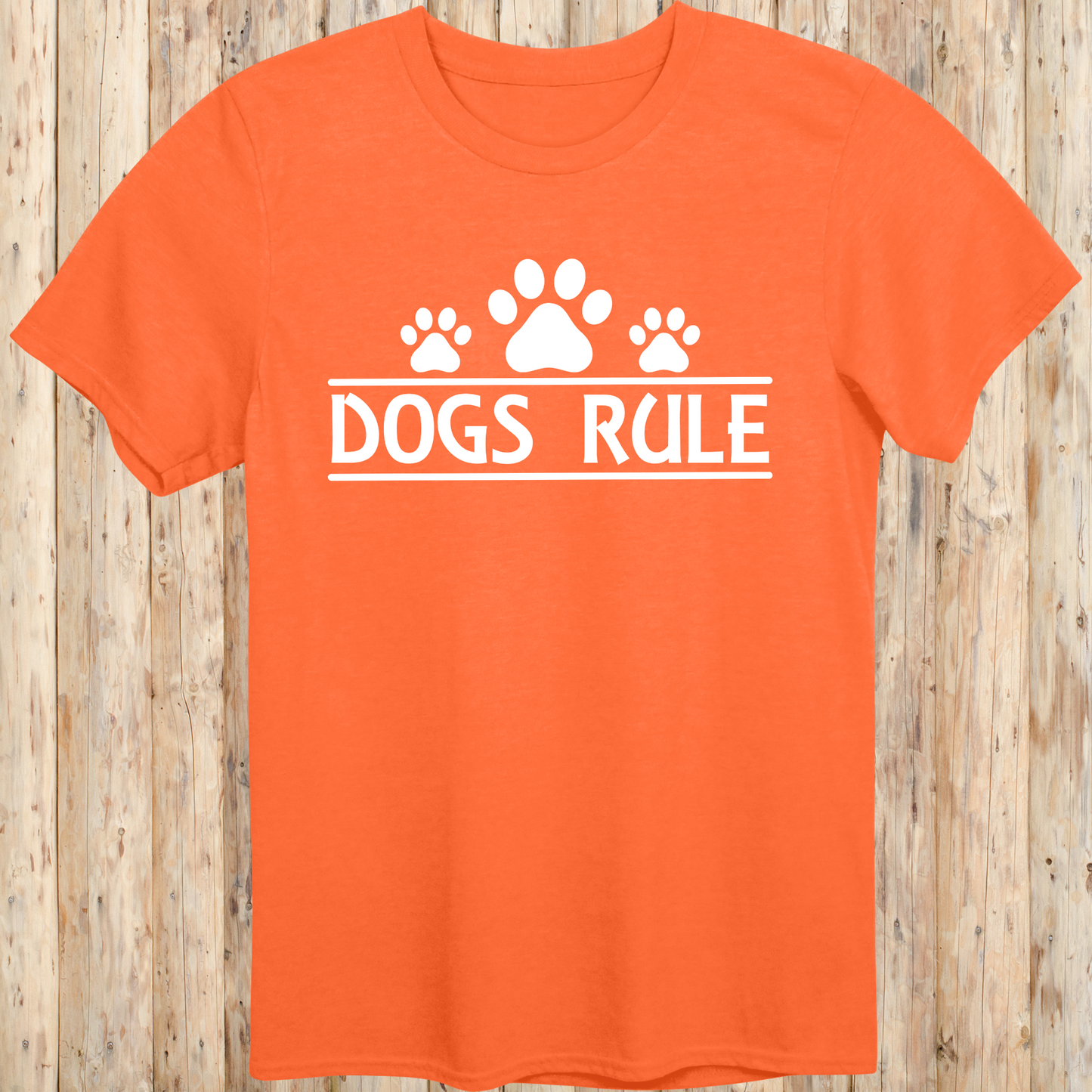 Orange unisex t-shirt with text that says 'Dogs Rule', ideal for dog lovers and pet enthusiasts