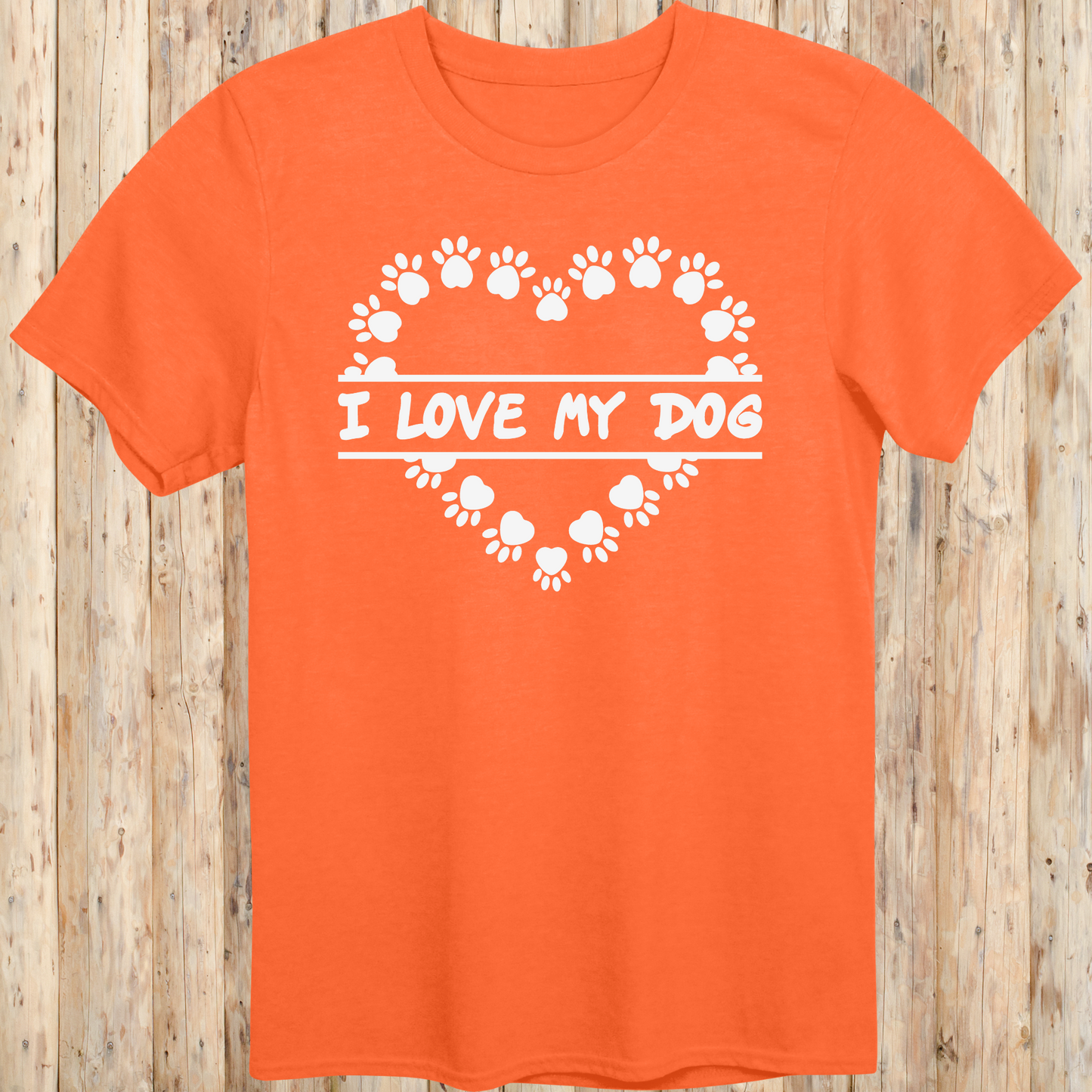 Orange unisex t-shirt with text that says 'I Love My Dog', perfect for dog lovers and pet owners