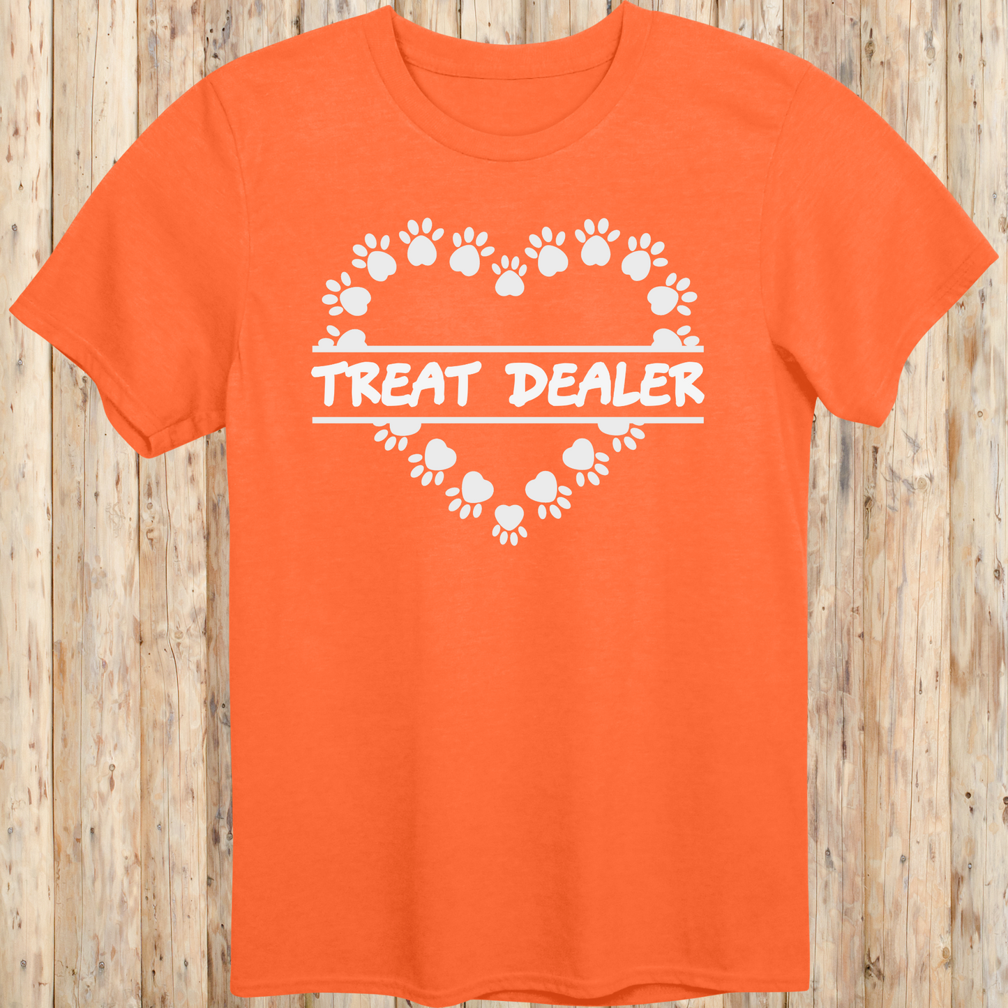 Orange unisex t-shirt with text that says 'Treat Dealer', designed for dog lovers, pet parents, and dog trainers