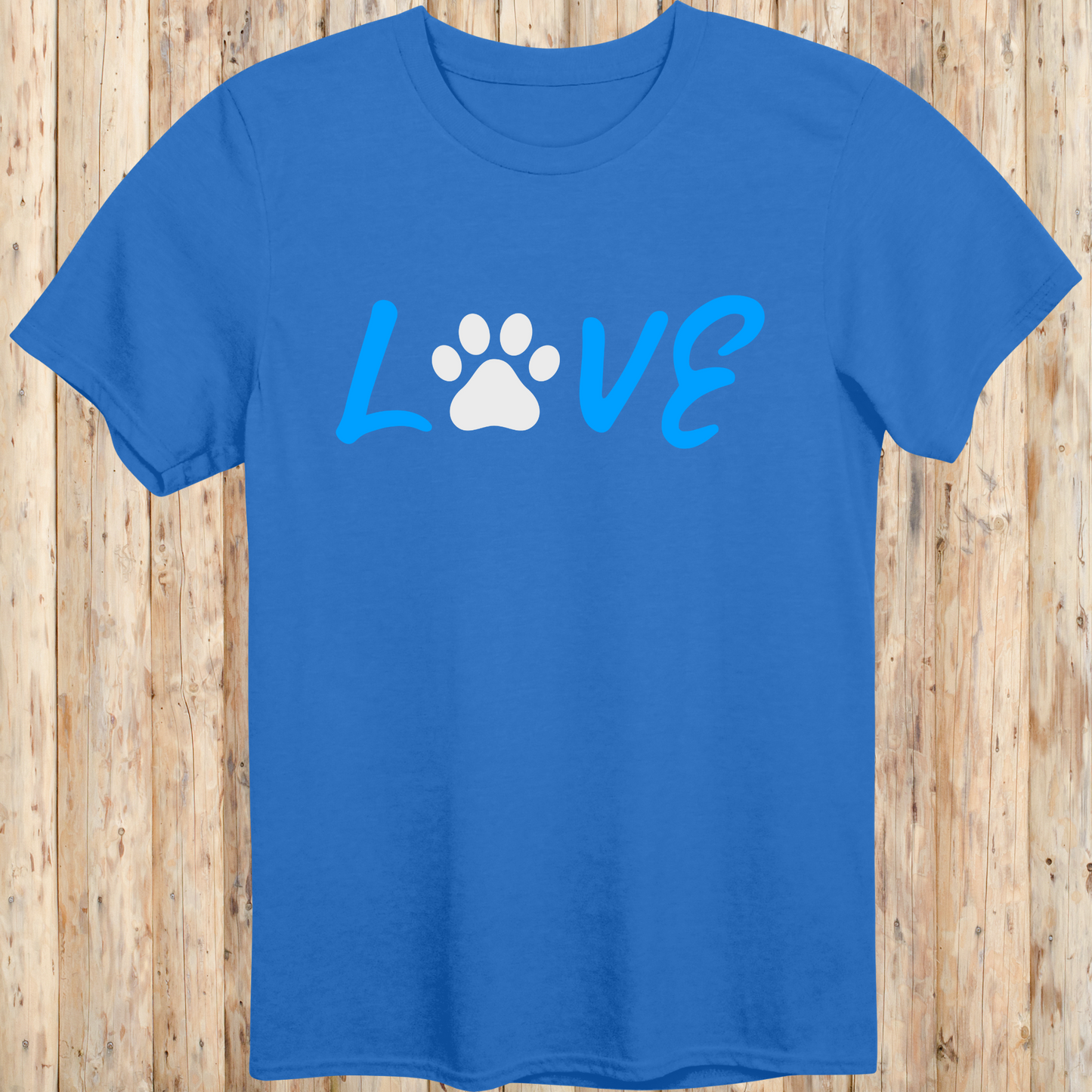Royal blue unisex t-shirt with the word 'LOVE' in bold letters, featuring a paw print as the 'O', ideal for dog lovers