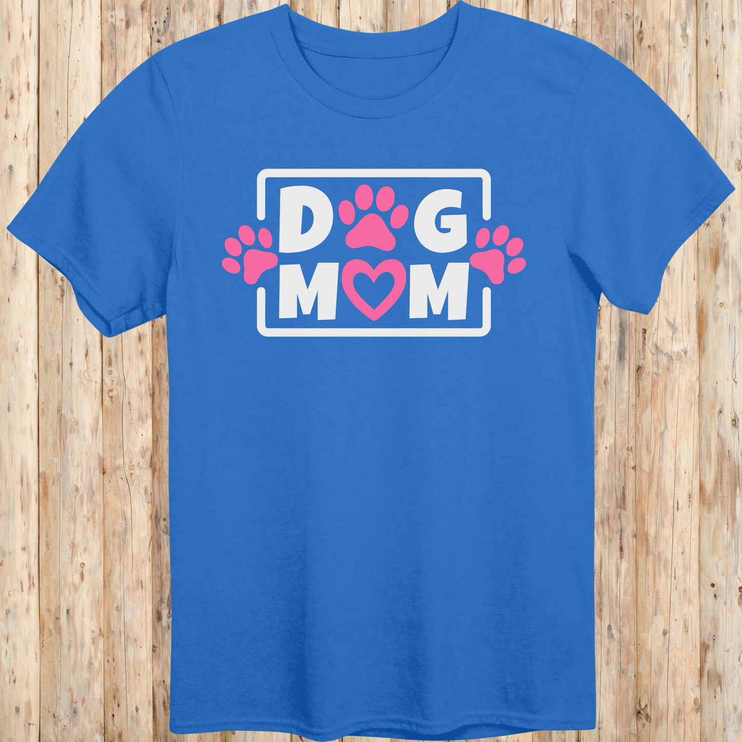 Royal blue unisex t-shirt with bold text that says 'Dog Mom', ideal for pet moms, dog lovers, and rescue advocates
