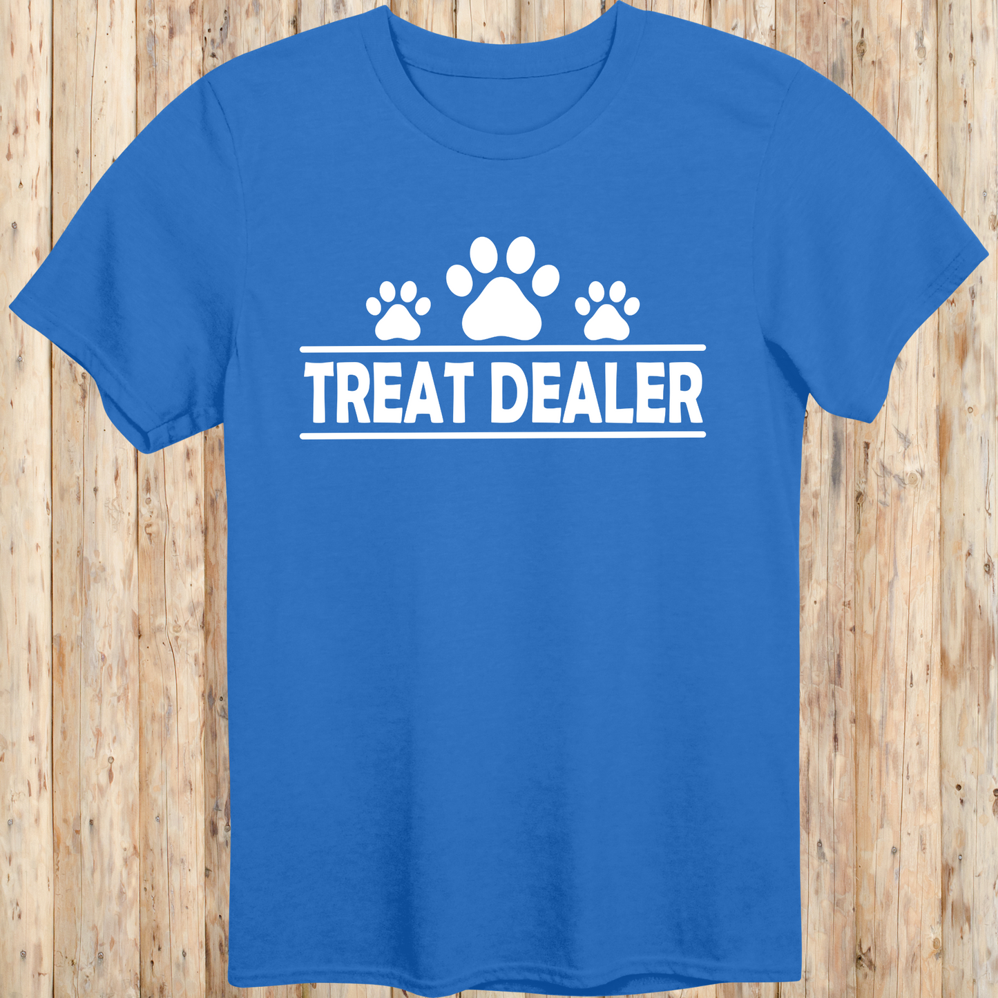 Royal blue unisex t-shirt with text that reads 'Treat Dealer', perfect for dog lovers, trainers, and pet parents who spoil their pups