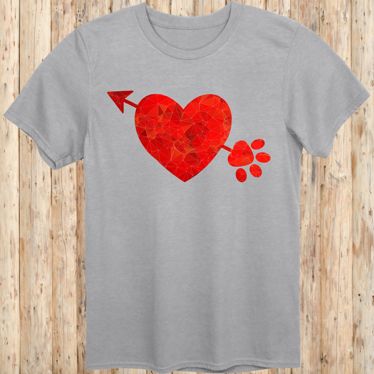Sport grey unisex t-shirt with a heart, arrow, and paw print graphic design, ideal for dog lovers and pet parents