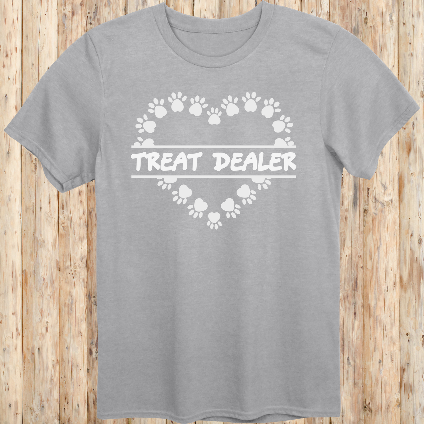 Sport grey unisex t-shirt with text that says 'Treat Dealer', designed for dog lovers, pet parents, and dog trainers