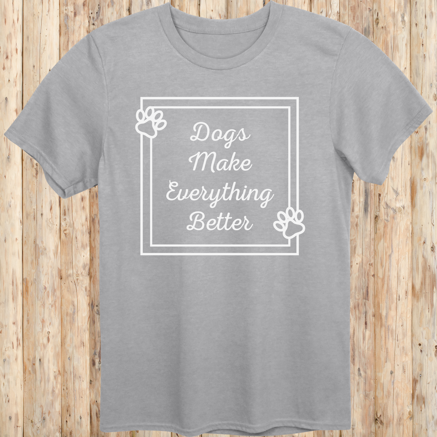 Sport grey unisex t-shirt with text that reads 'Dogs Make Everything Better', ideal for dog lovers and animal enthusiasts