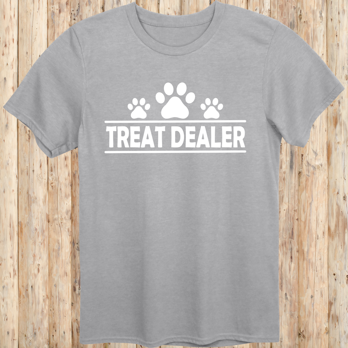 Sport grey unisex t-shirt with text that reads 'Treat Dealer', perfect for dog lovers, trainers, and pet parents who spoil their pups