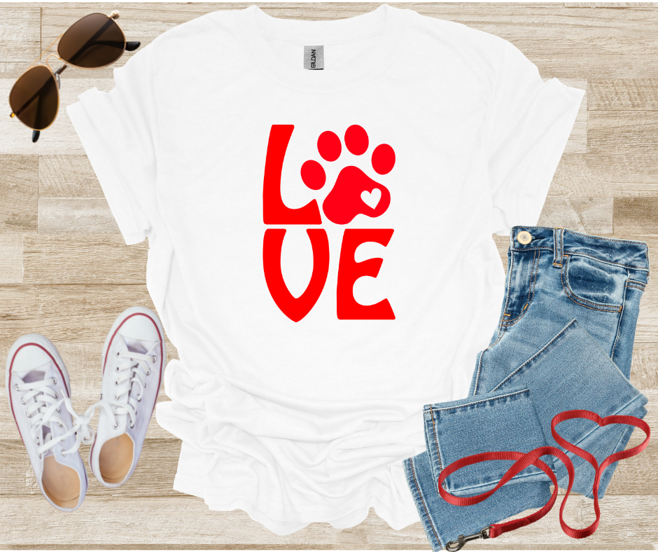 LOVE Dog Paw Print Heart T-Shirt