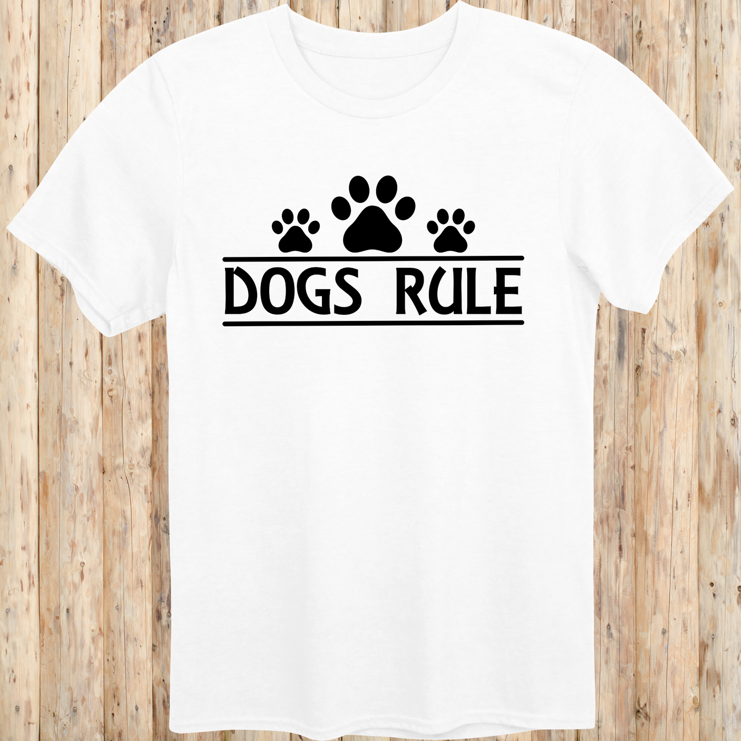 White unisex t-shirt with text that says 'Dogs Rule', ideal for dog lovers and pet enthusiasts