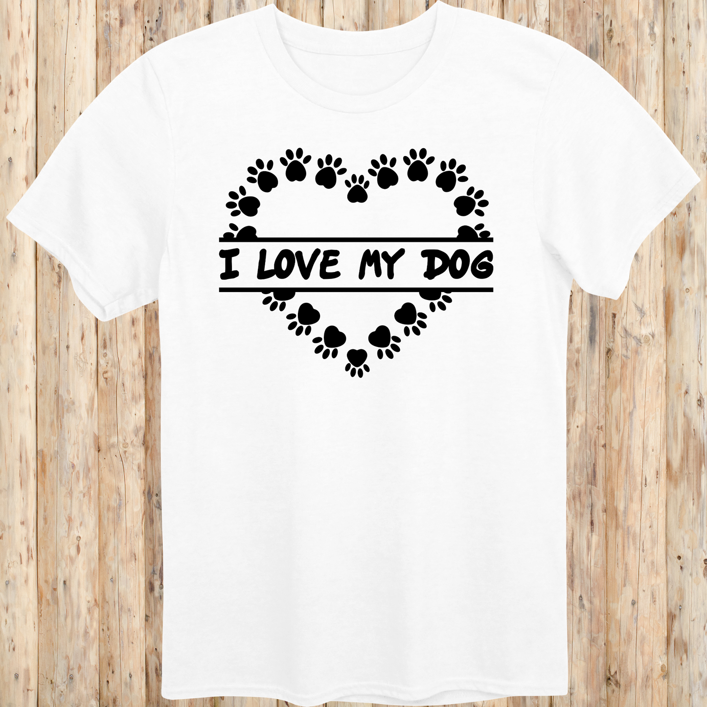 White unisex t-shirt with text that says 'I Love My Dog', perfect for dog lovers and pet owners