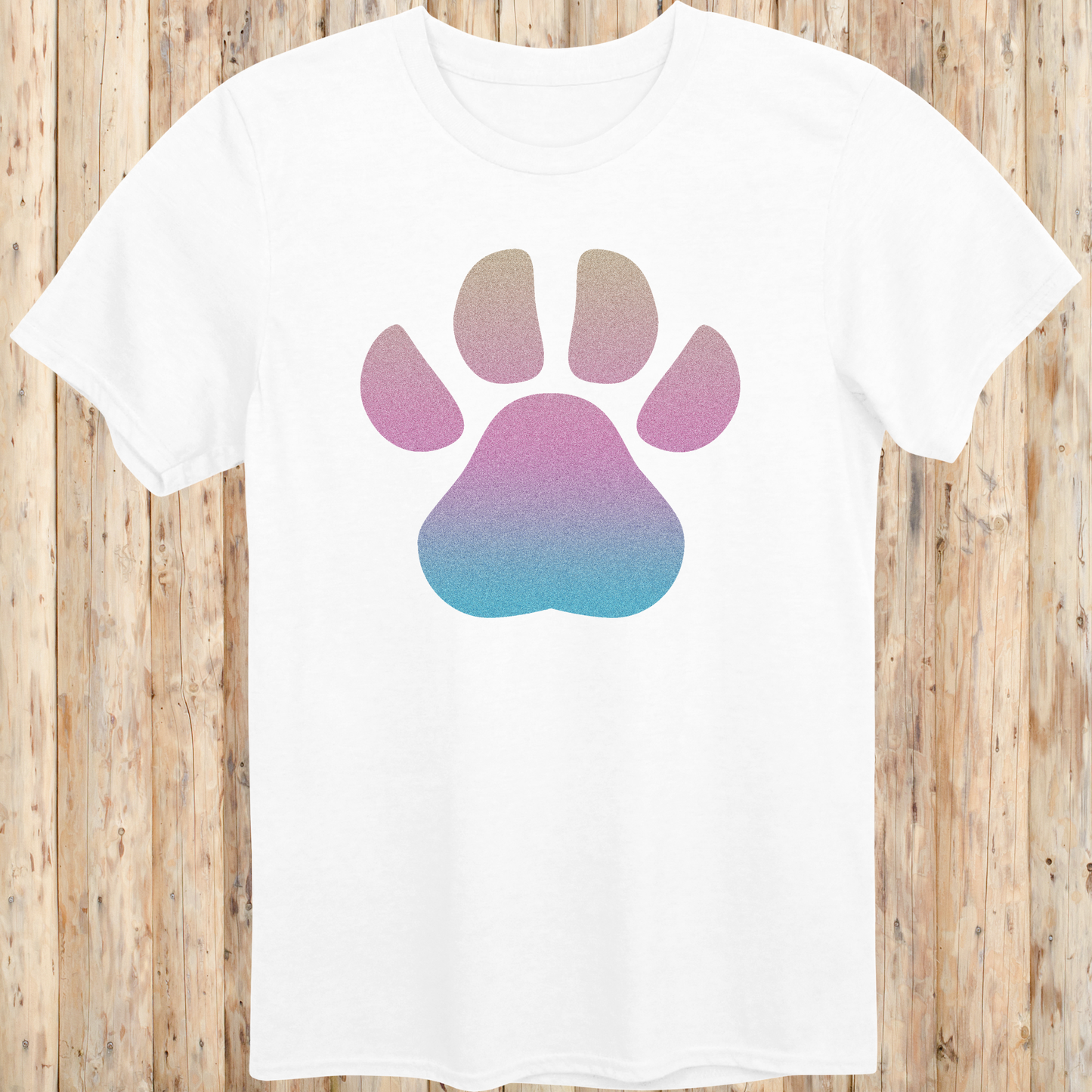 White unisex t-shirt with a large, colorful dog paw print design on the front, ideal for dog lovers and pet enthusiasts
