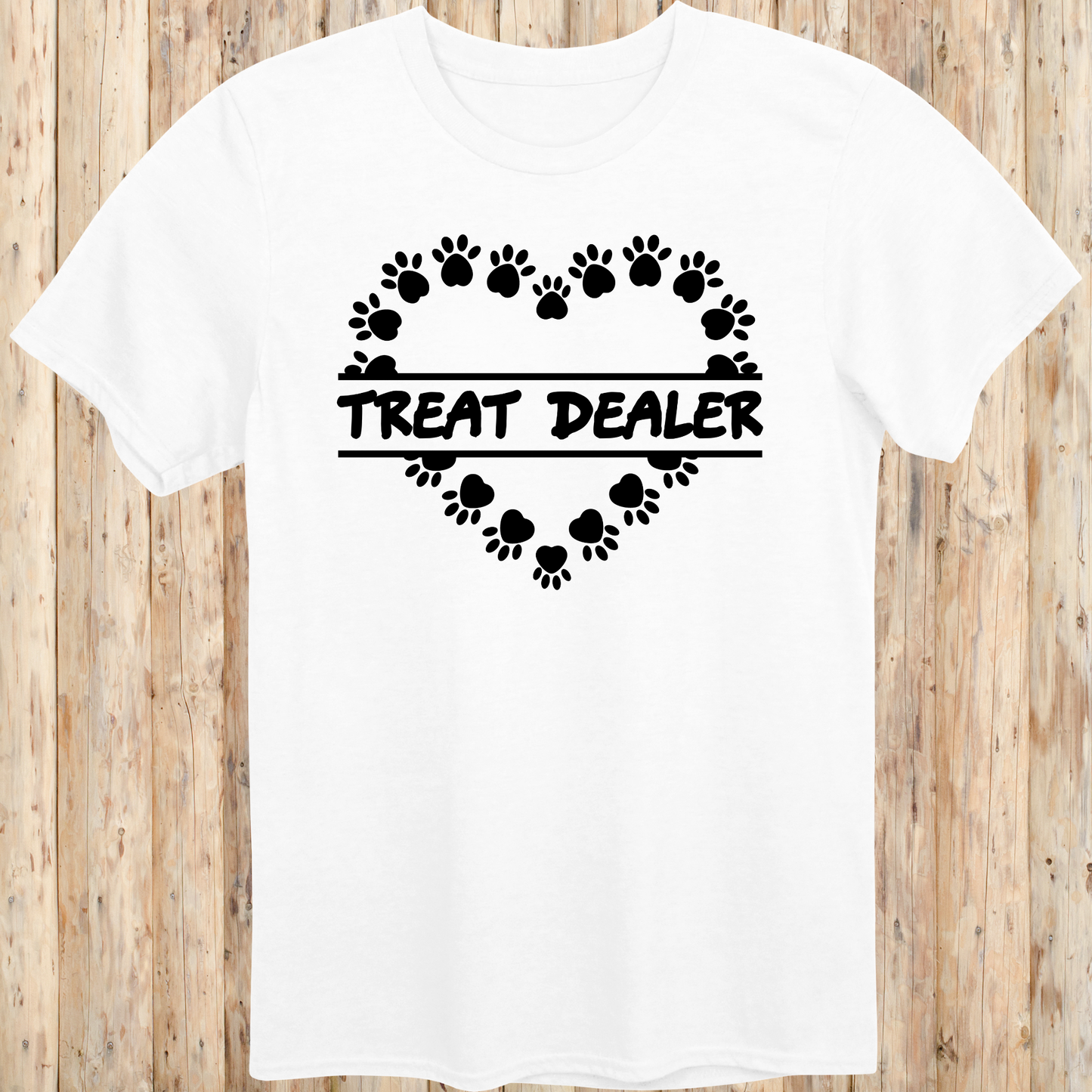 White unisex t-shirt with text that says 'Treat Dealer', designed for dog lovers, pet parents, and dog trainers