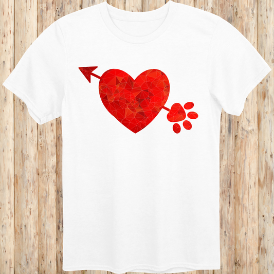 White unisex t-shirt with a heart, arrow, and paw print graphic design, ideal for dog lovers and pet parents