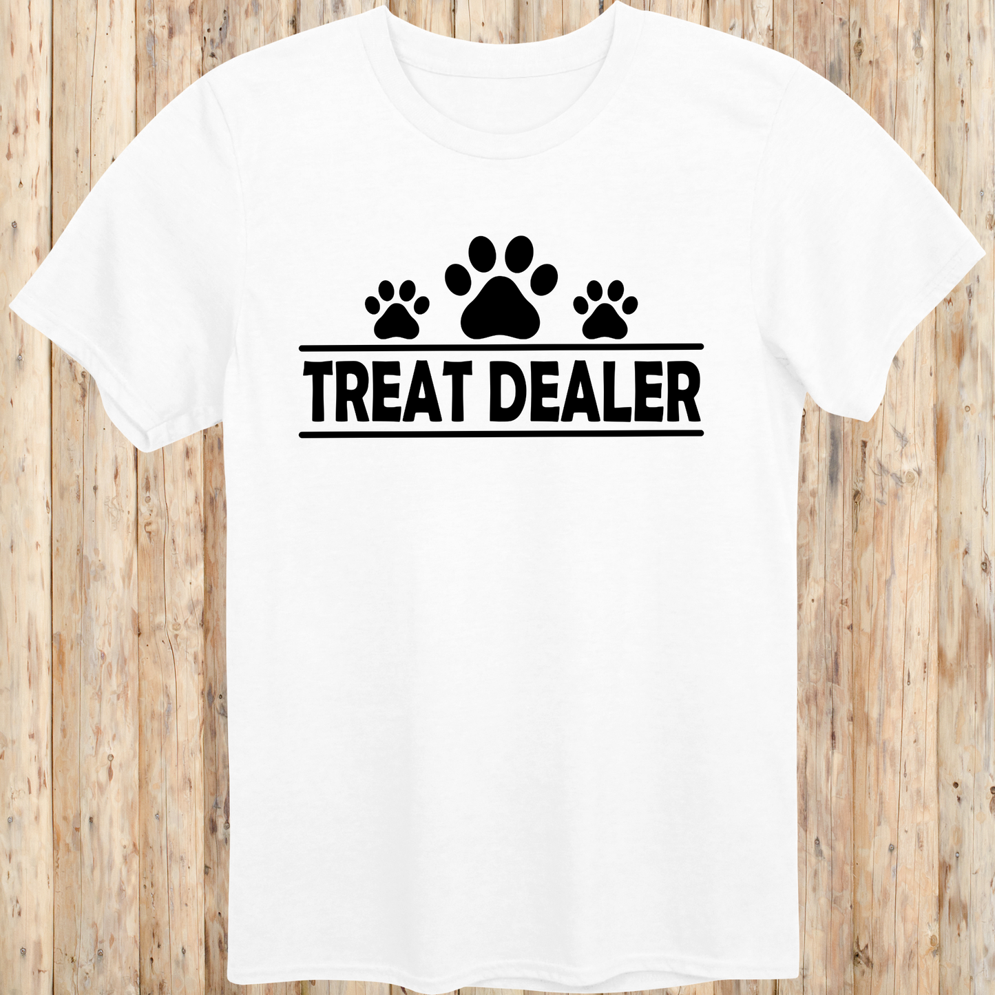 White unisex t-shirt with text that reads 'Treat Dealer', perfect for dog lovers, trainers, and pet parents who spoil their pups