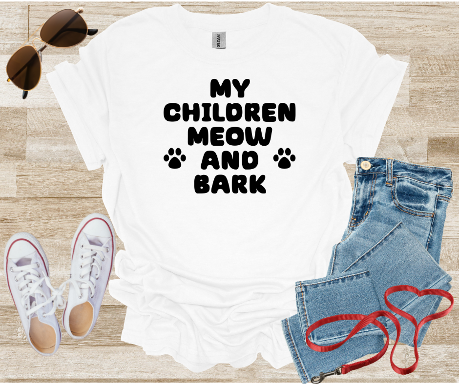 Dog Cat Pet Mom Dad Unisex Softstyle T-Shirt - 'My Children Meow and Bark'