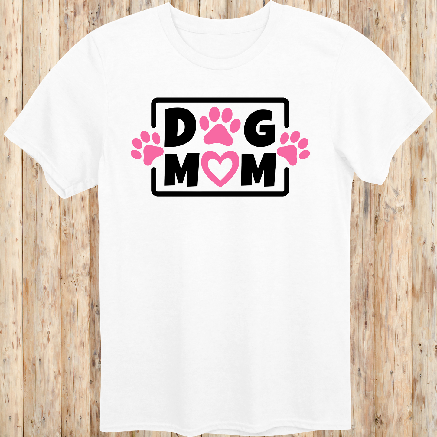 White unisex t-shirt with bold text that says 'Dog Mom', ideal for pet moms, dog lovers, and rescue advocates