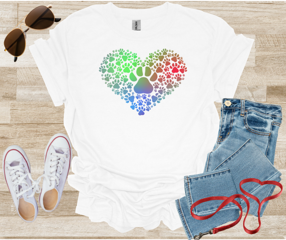 Paw Print Heart Shape T-Shirt with Gradient Colors